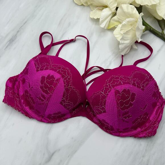 Victoria’s Secret Very Sexy Push Up Bra 34C Metallic Fuchsia Pink Lace Underwire - Picture 5 of 13
